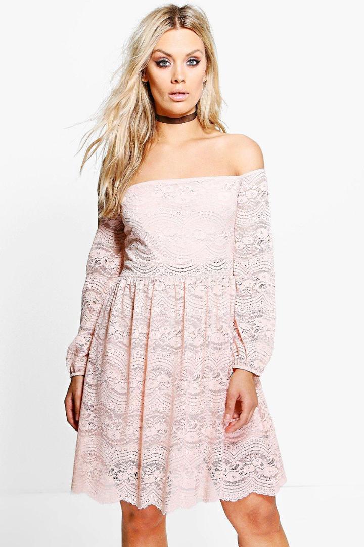 Boohoo Plus Tammy Lace Off The Shoulder Waisted Dress Nude
