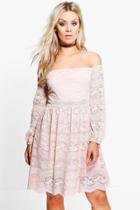Boohoo Plus Tammy Lace Off The Shoulder Waisted Dress Nude