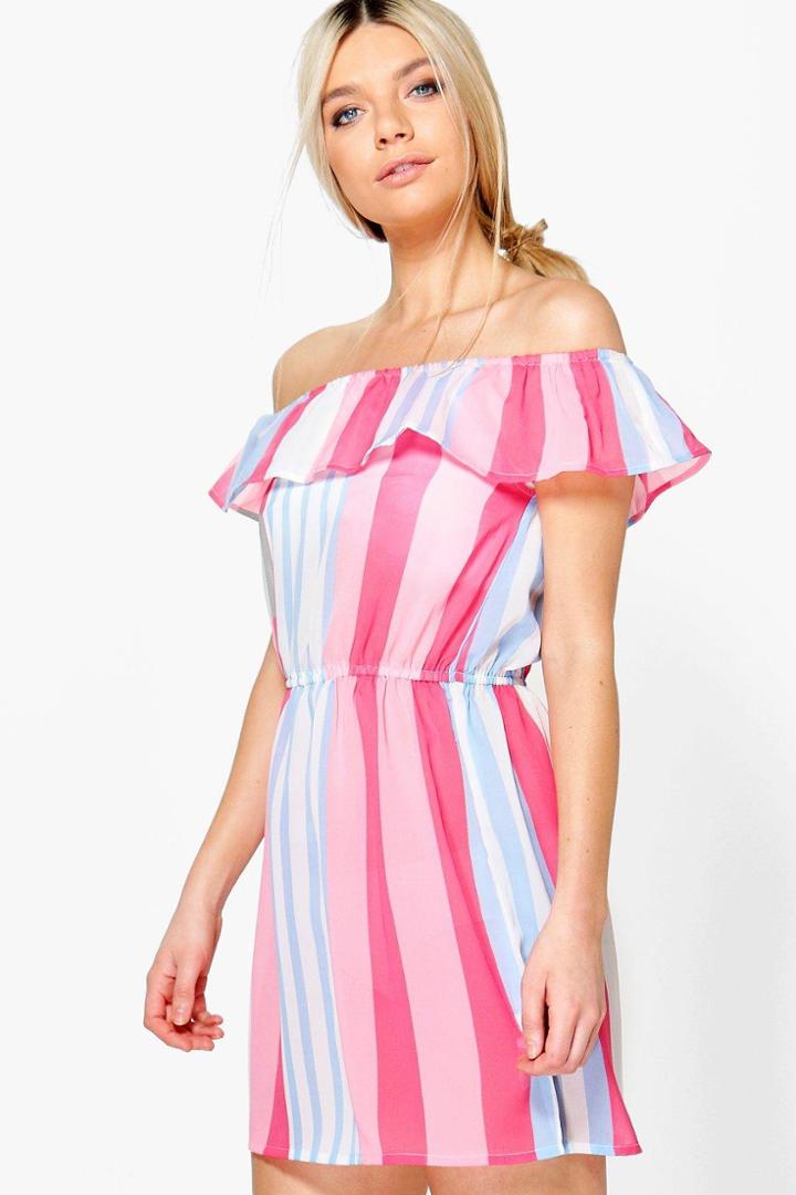 Boohoo Holly Candystripe Bardot Beach Dress Pink