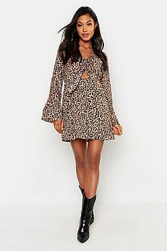 Boohoo Satin Leopard Knot Front Flared Sleeve Dress