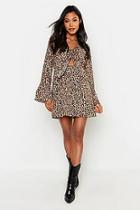 Boohoo Satin Leopard Knot Front Flared Sleeve Dress