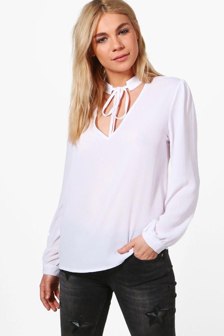 Boohoo Ellie Tie Choker Detail Blouse White