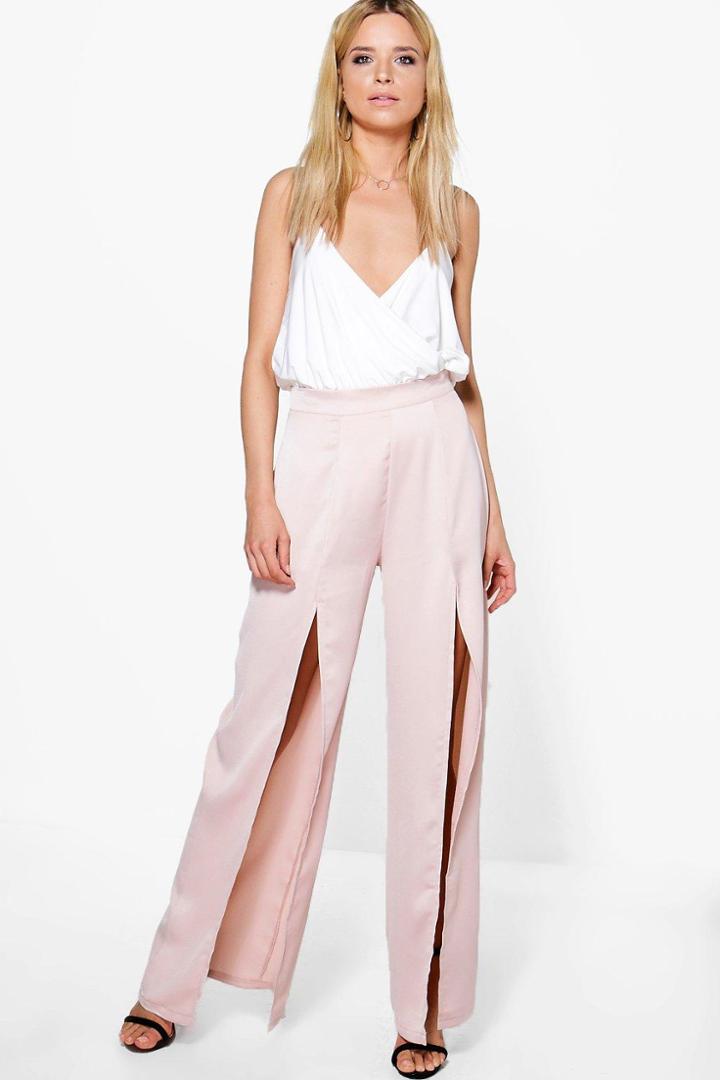 Boohoo Thalia Front Split Wide Leg Luxe Crepe Trousers Nude