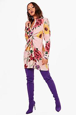 Boohoo Karla Stripe & Floral Twist Front Shirt Dress