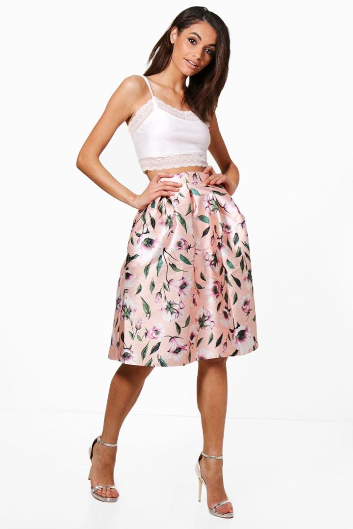 Boohoo Hope Floral Woven Box Pleat Midi Skirt Nude