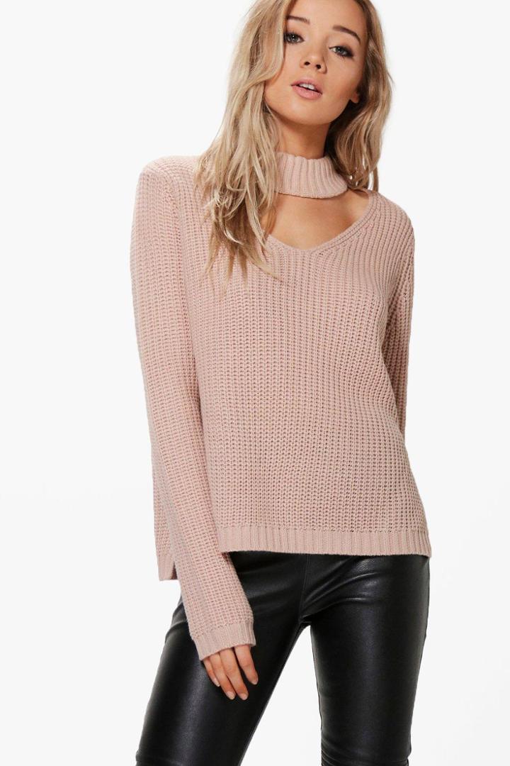 Boohoo Amelia Ribbed Choker V-neck Jumper Rose