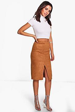 Boohoo Amy Suedette Split Front Midi Skirt