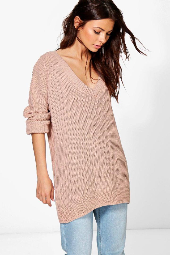 Boohoo Hannah Rib V Neck Jumper Nude