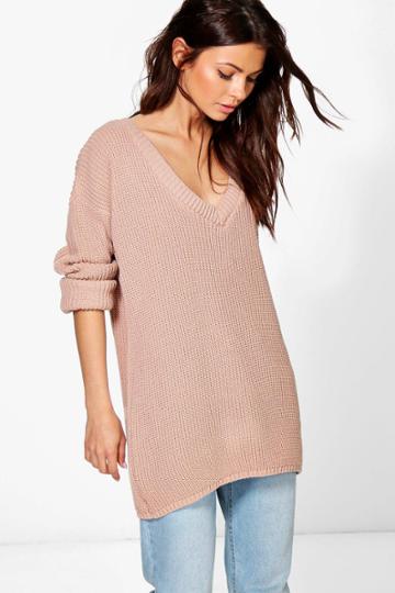 Boohoo Hannah Rib V Neck Jumper Nude