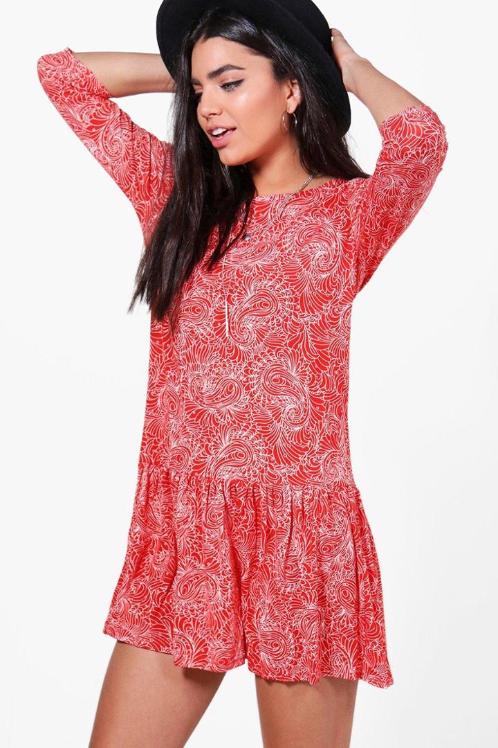 Boohoo Caroline Printed Peplum Dress Red