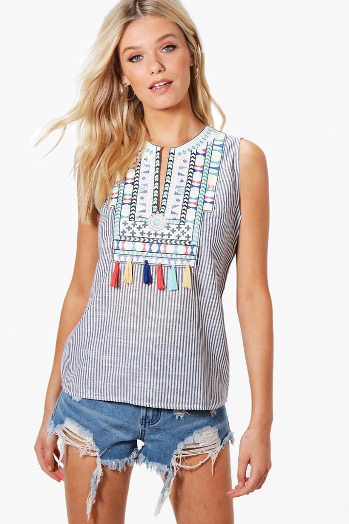 Boohoo Layla Stripe Embroidered Tassle Top Blue