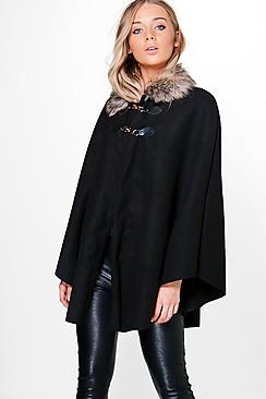 Boohoo Julia Faux Fur Collar Wool Look Cape