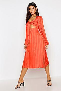 Boohoo Satin Stripe Knot Front Flared Sleeve Skater Dress