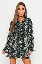 Boohoo Petite Snake Print Tie Waist Shirt Dress