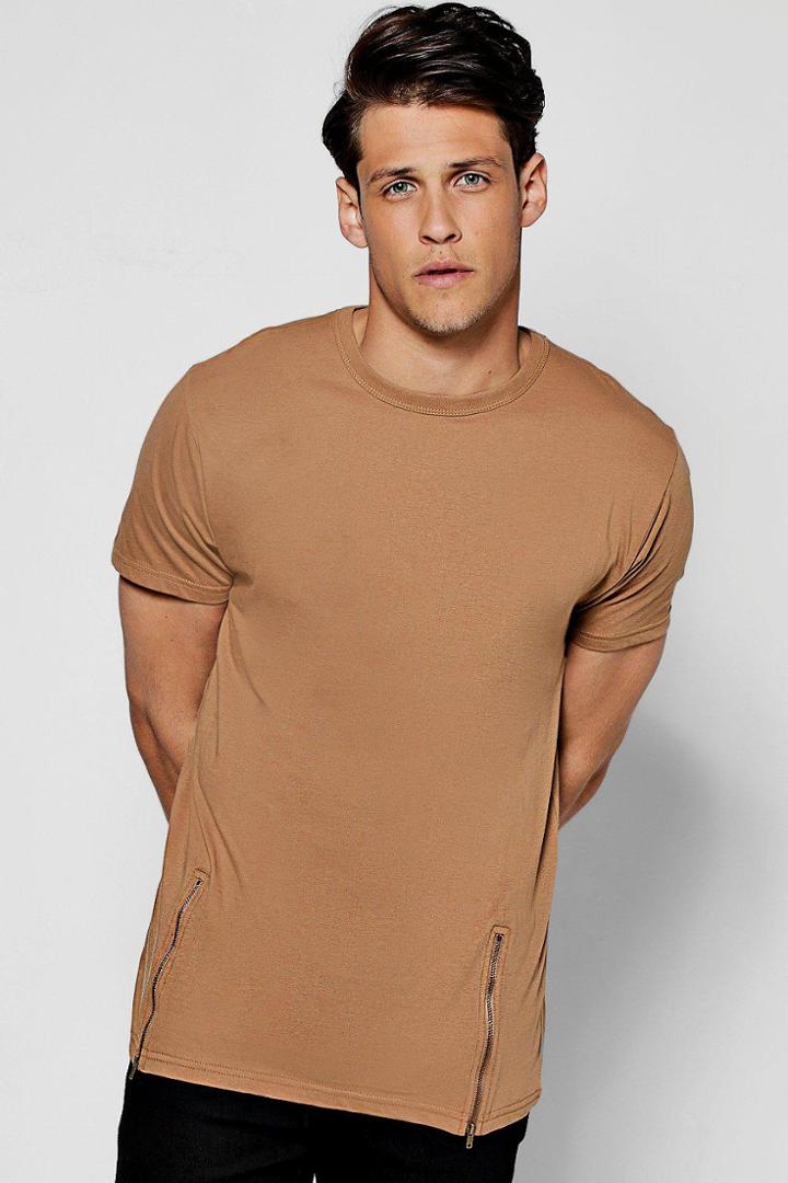 Boohoo Longline T-shirt With Front Zips Tan