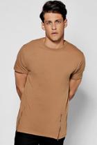 Boohoo Longline T-shirt With Front Zips Tan