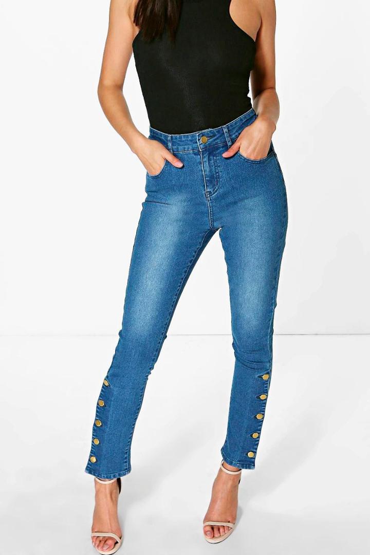 Boohoo Ellie Side Button Skinny High Rise Jeans Blue
