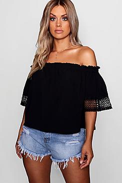 Boohoo Plus Jess Woven Crochet Sleeve Off Shoulder Top
