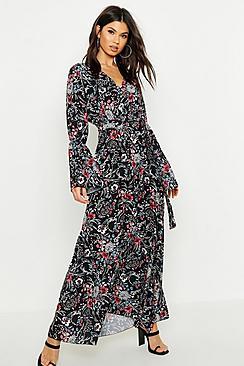 Boohoo Floral Woven V Neck Flare Sleeve Maxi Dress