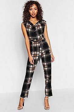 Boohoo Cowl Belted Tartan Check Jumpsuit