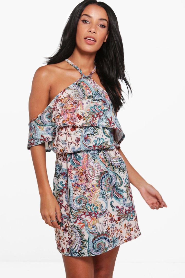 Boohoo Oana Cold Shoulder Ruffle Skater Dress Multi