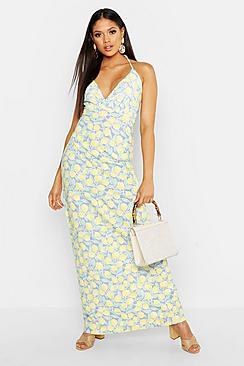 Boohoo Tall Lemon Plunge Tie Maxi Dress