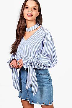 Boohoo Amelia Stripe Choker Blouse