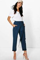 Boohoo Naima Soft Touch Tie Waist Turn Up Trousers Navy
