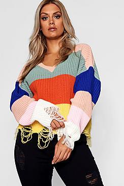 Boohoo Plus Striped Slouchy Raw Hem Jumper