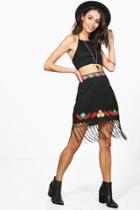 Boohoo Inya Embroidered Tassle Hem Woven Skirt Black
