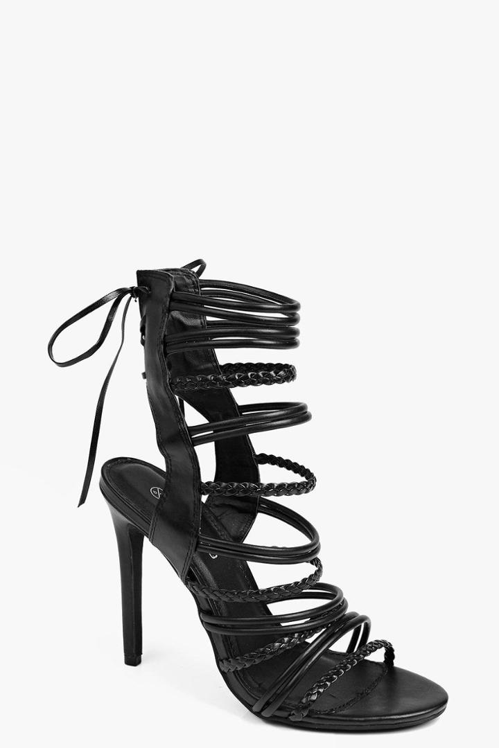 Boohoo Nina Plaited Strappy Lace Up Sandal Black