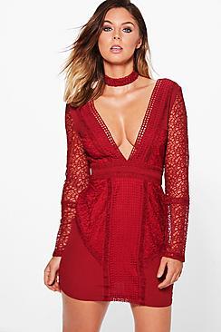 Boohoo Boutique Anya Lace Panel Choker Bodycon Dress