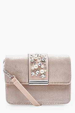 Boohoo Sarah Velvet Pearl Cluster Cross Body Bag