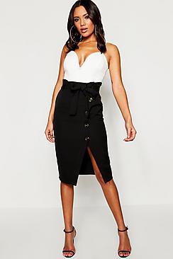 Boohoo Wrap Tie Horn Button Midi Skirt