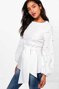 Boohoo Harriet Tie Front Studded Sleeve Top