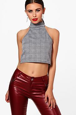 Boohoo Petite Bethany Check Turtle Neck Crop Top