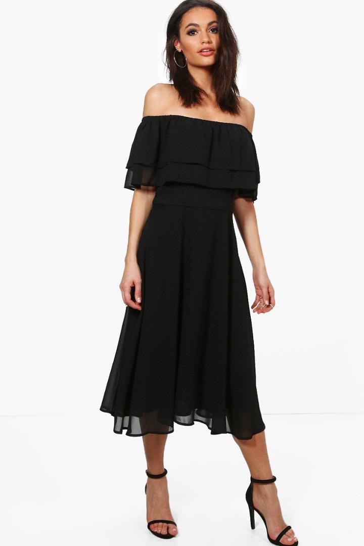 Boohoo Galores Chiffon Ruffle Midi Skater Dress Black