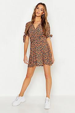 Boohoo Leopard Print Tie Sleeve Tea Dress