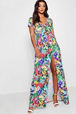 Boohoo Tall Floral Print Tie Front Maxi Dress