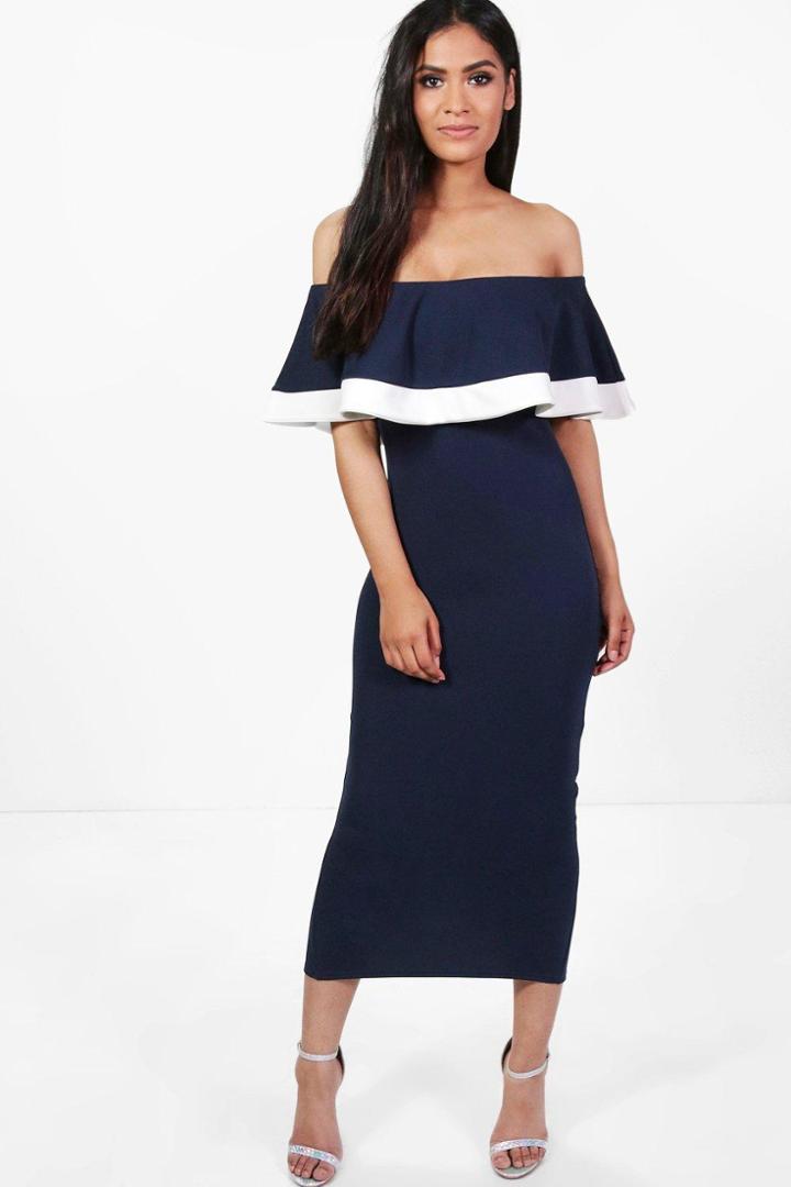 Boohoo Bea Tipping Detail Frill Bardot Midi Dress Navy