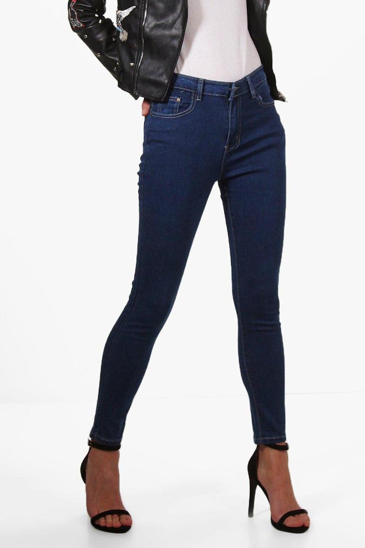 Boohoo Louise Mid Rise Indigo Skinny Jeans Indigo