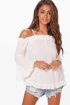 Boohoo Annabel Ruffle Cold Shoulder Top