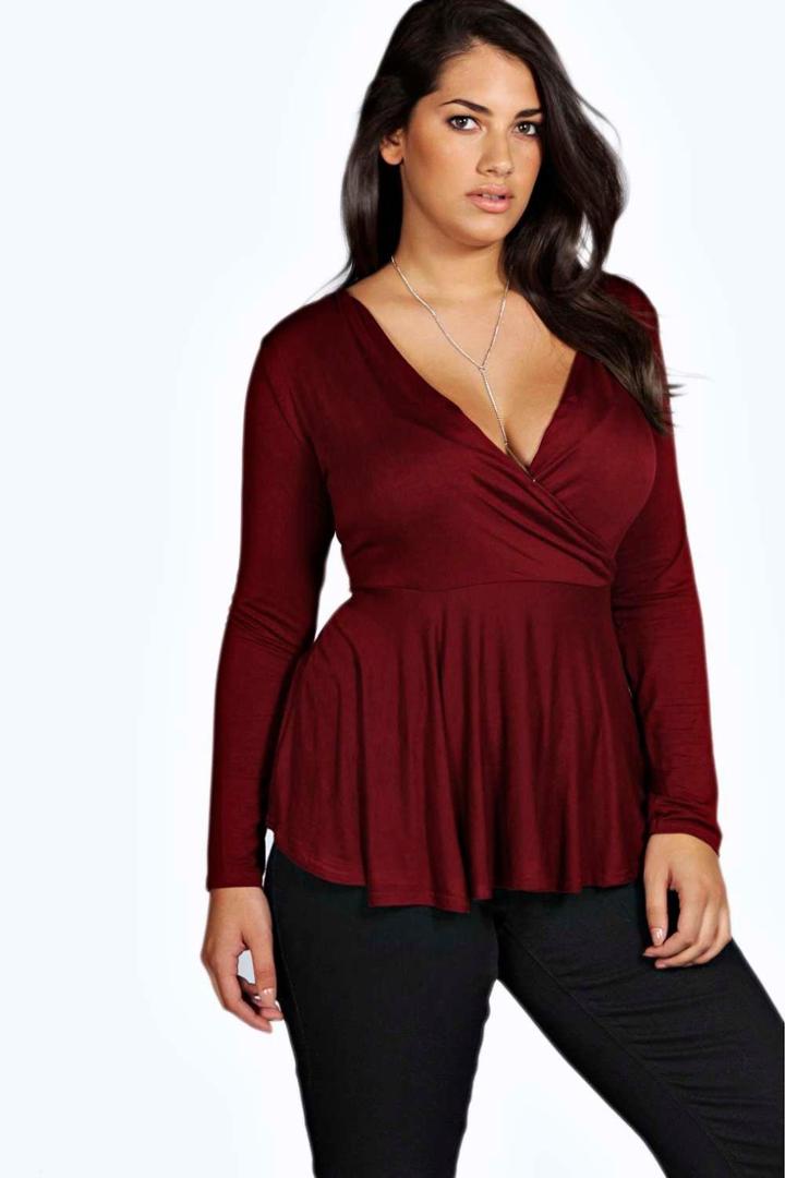 Boohoo Plus Julia Wrap Front Peplum Top Wine