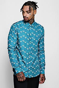 Boohoo Bird Print Long Sleeve Satin Shirt