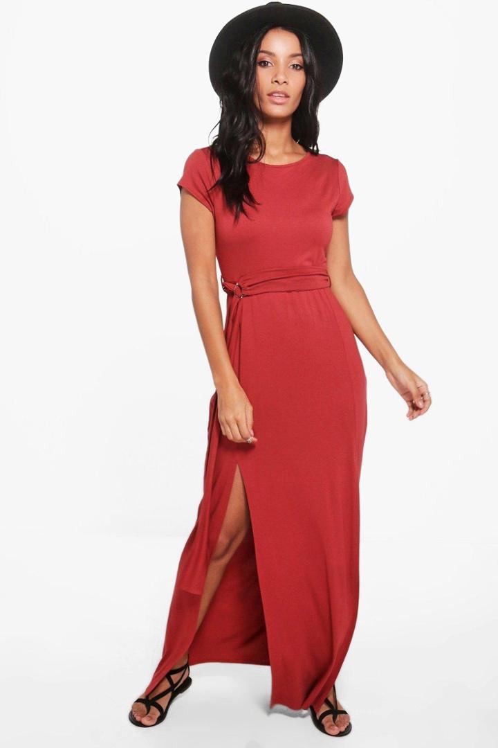 Boohoo Anabel Short Sleeve Split Front Maxi Dress Cinnamon