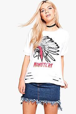 Boohoo Violet Printed Distressed Western Tee