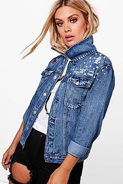 Boohoo Plus Mel Boutique Pearl + Embroidered Denim Jacket