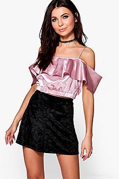 Boohoo Kate Cold Shoulder Satin Ruffle Crop Top