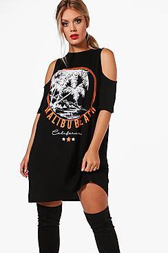 Boohoo Plus Katie Open Shoulder Printed T-shirt Dress