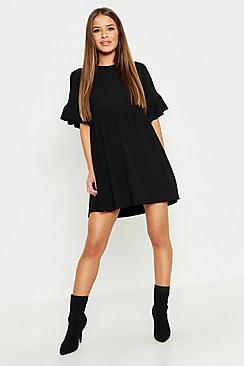 Boohoo Petite Ribbed Frill Sleeve Smock Dress